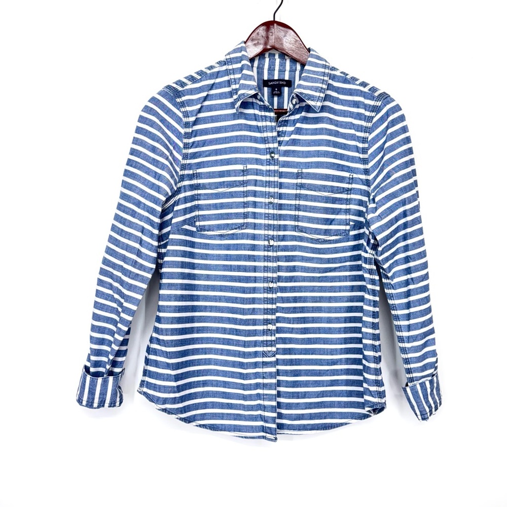 Lands’ End Coastal Faded Blue & White Striped Casual Button Down Shirt Size 6